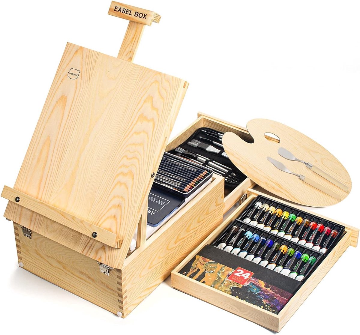 Wooden Table Easel, Adjustable Suitcase Easel with 55 Pieces, Luxury Paint Case, Contains 24 Acrylic Paints, 12 - ShopVlot