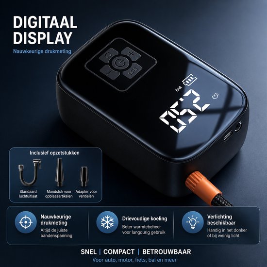 Draadloze Bandenpomp – Elektrische Luchtpomp met Digitale Bandenspanningsmeter – Auto Stop – LED – Voor Auto, Fiets & Motor — afbeelding 4