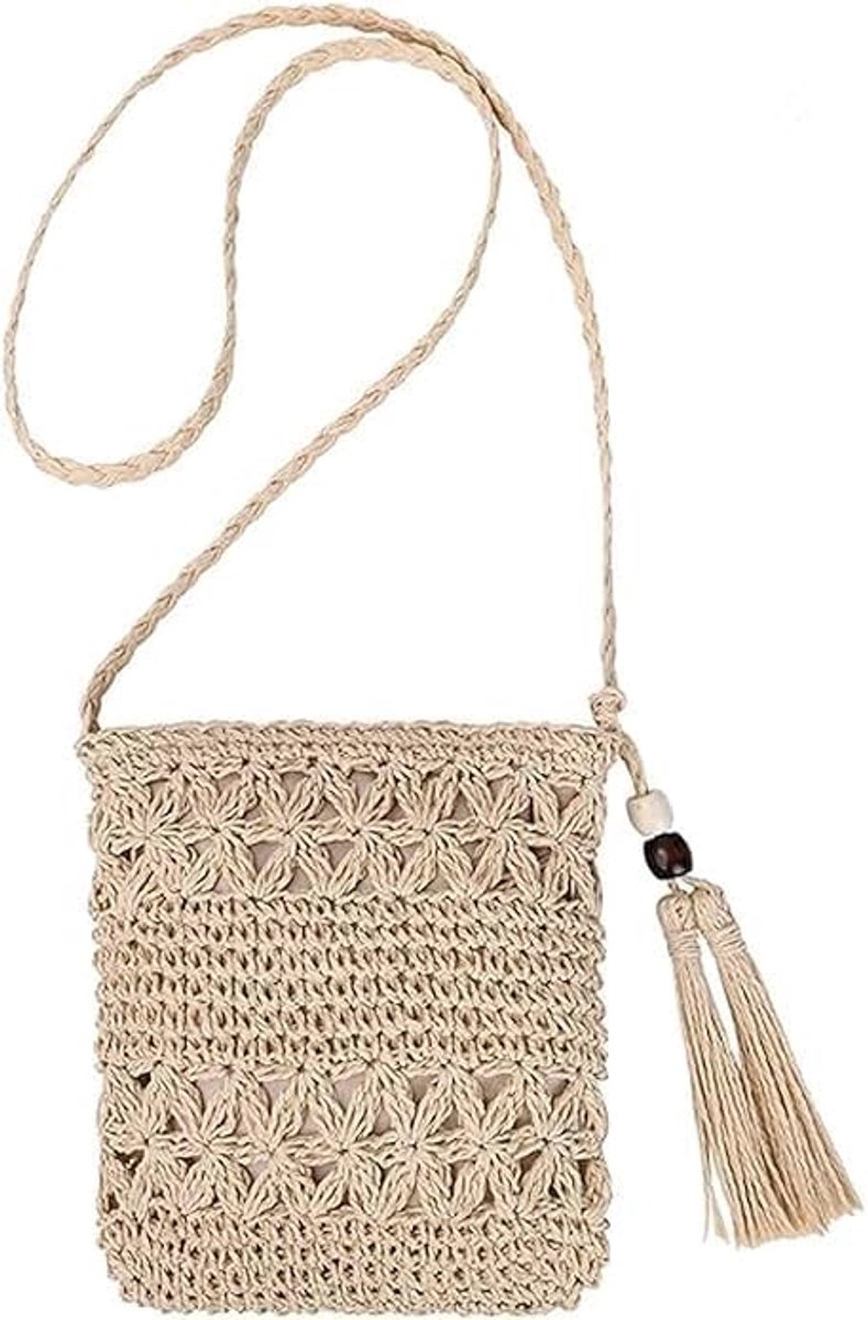 Dames stro tas - beige geweven schoudertas - met kwast - trendy bohemian stijl - ShopVlot