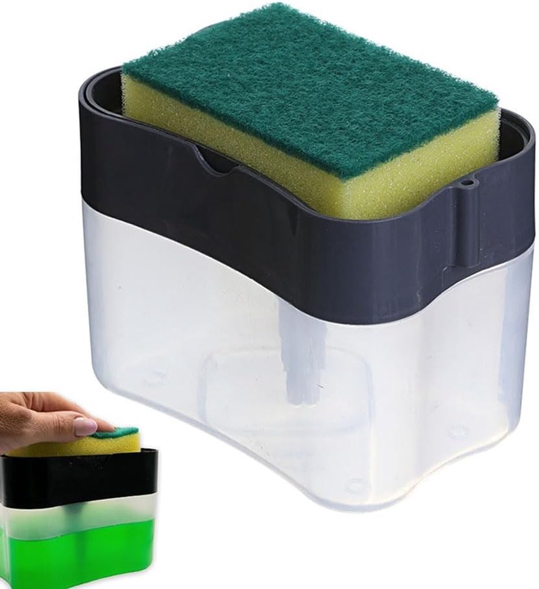Zeepdispenser voor Keuken - Zwart - 14 cm x 11 cm x 9 cm - Met Sponshouder voor Afwasmiddel - Voor Eenvoudig Afwassen
