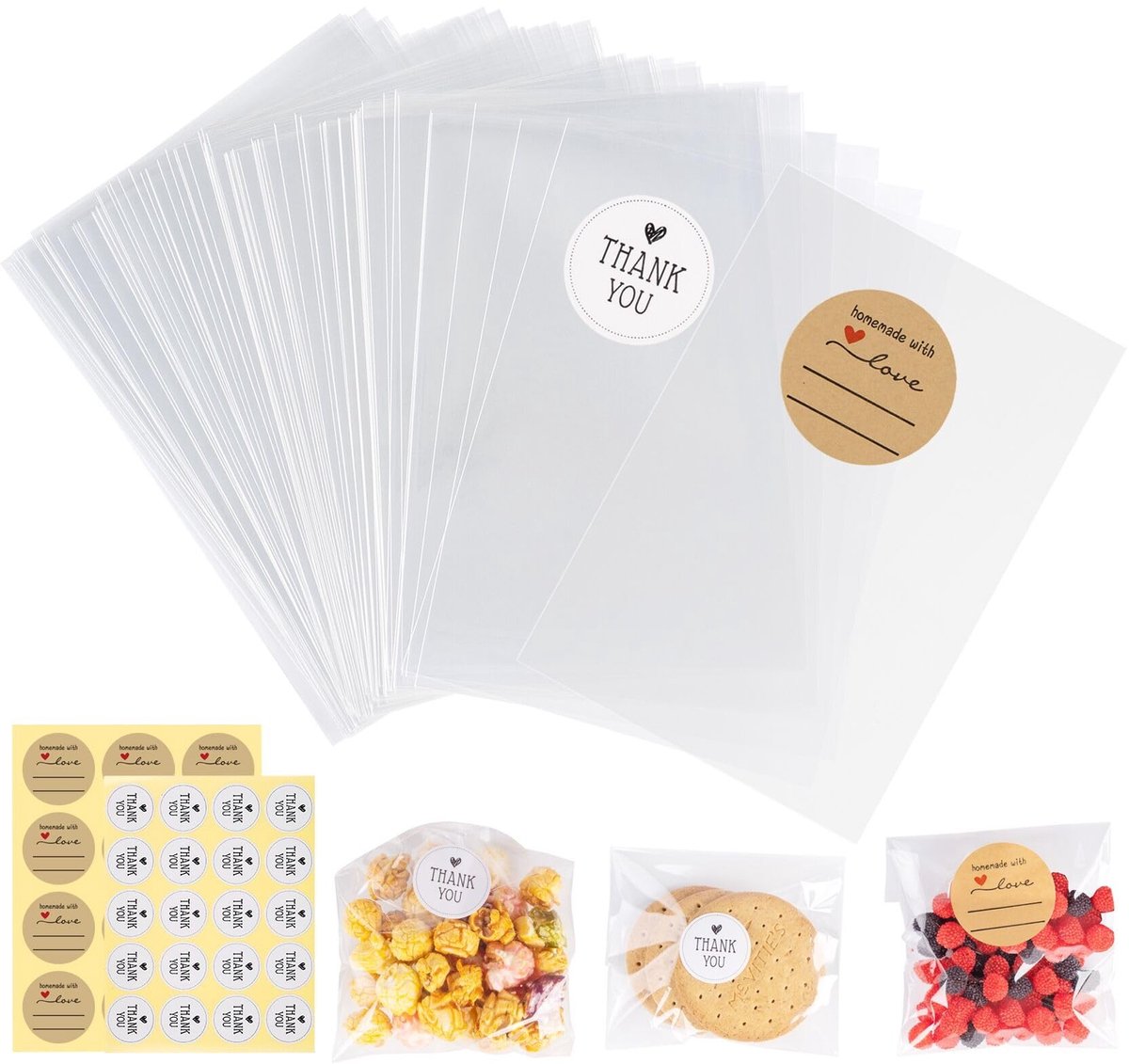 Solidchoice - Set van 200 Heldere Cellofaan Tassen met 400 Stickers