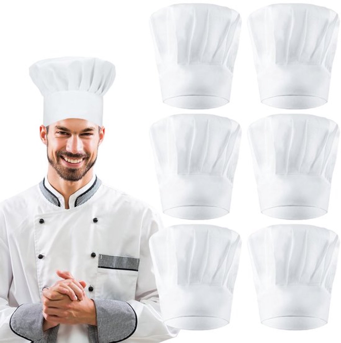 6 stuks koksmuts, uniseks keukenmuts, verstelbare koksmuts van katoen voor heren en dames, koksmutsen voor keuken, hotel, restaurant, Wit, 58