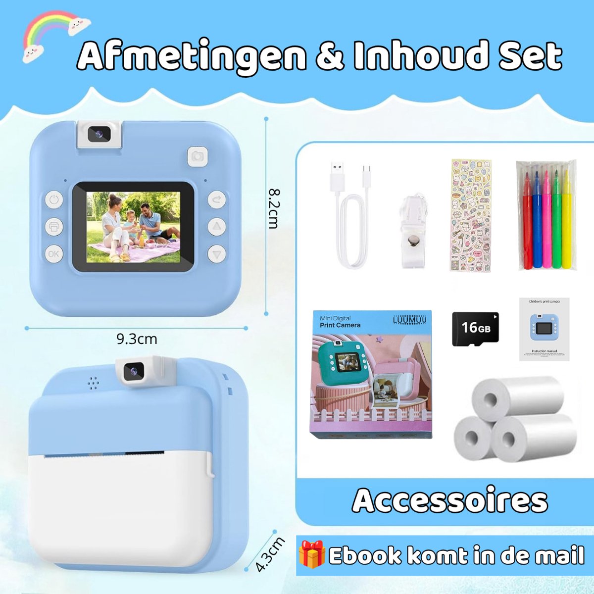 Luumuu® Digitale Kindercamera Met Foto Printer - Fototoestel Voor Kinderen - Kinder Fotocamera Instant Print- Speelgoed Video Camera Kind - Vlogcamera Kids - Sd Kaart 16GB - Blauw - Incl. Ebook — afbeelding 8
