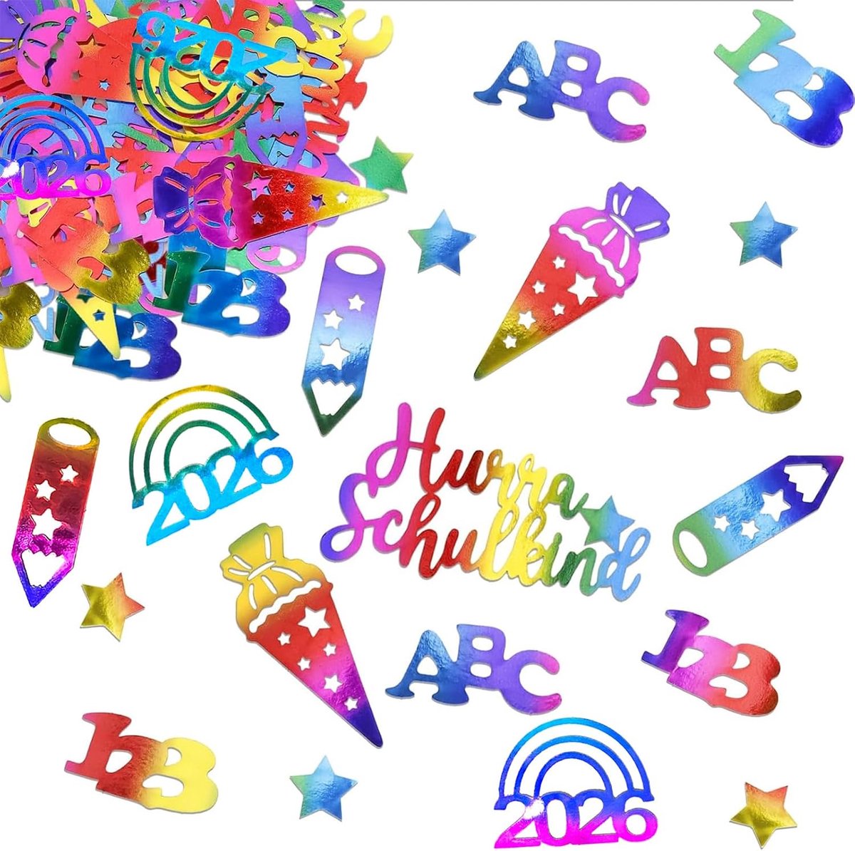 Confetti strooidecoratie 100 stuks - glitter effect - ABC, 123, ster, regenboog - voor de eerste schooldag 2026 - ShopVlot