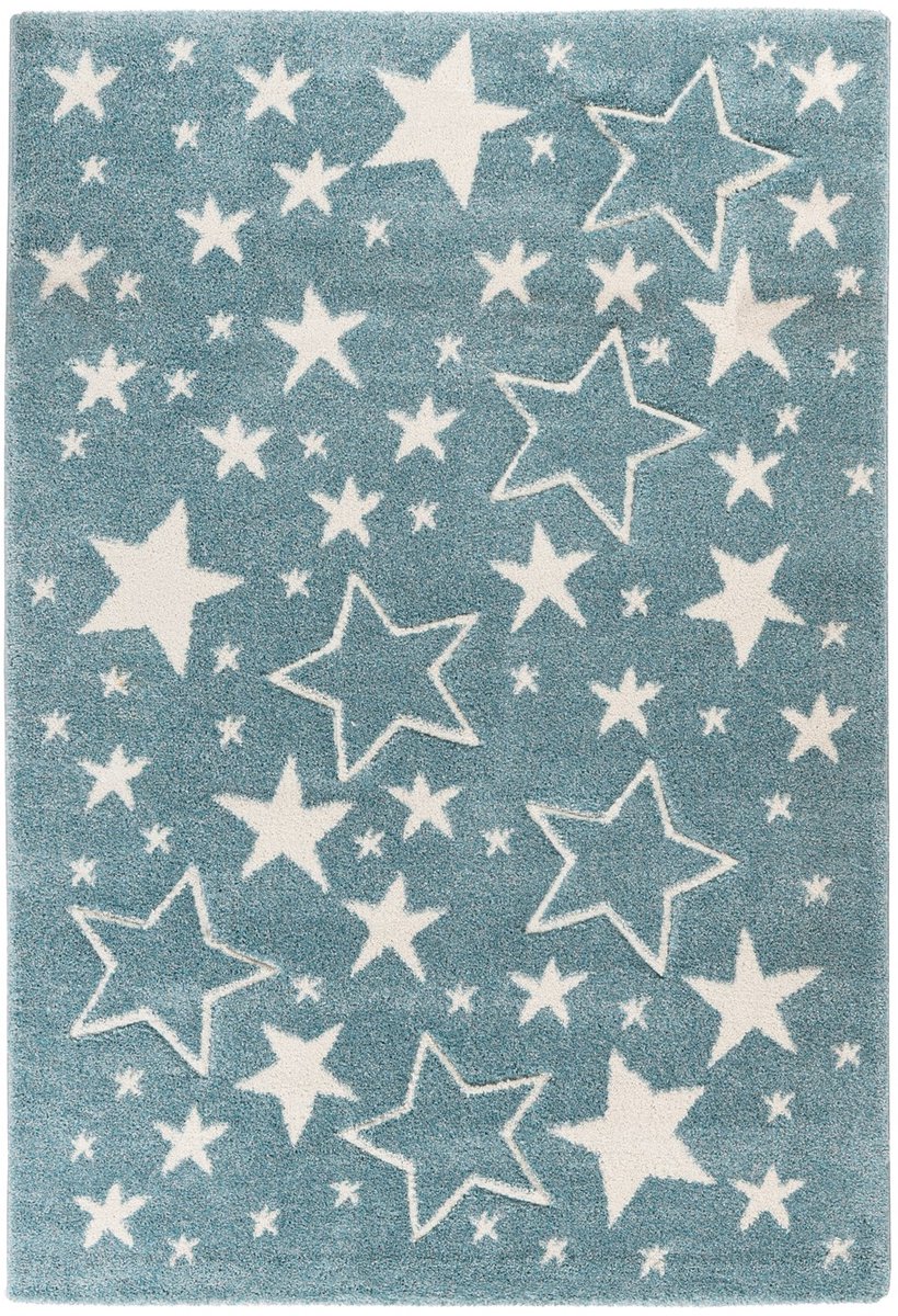 Padiro laagpolig kindervloerkleed 80 x 150 cm - blauw - met sterren kindermotief - geschikt voor Kinderkamer en vloerverwarming - van polypropyleen