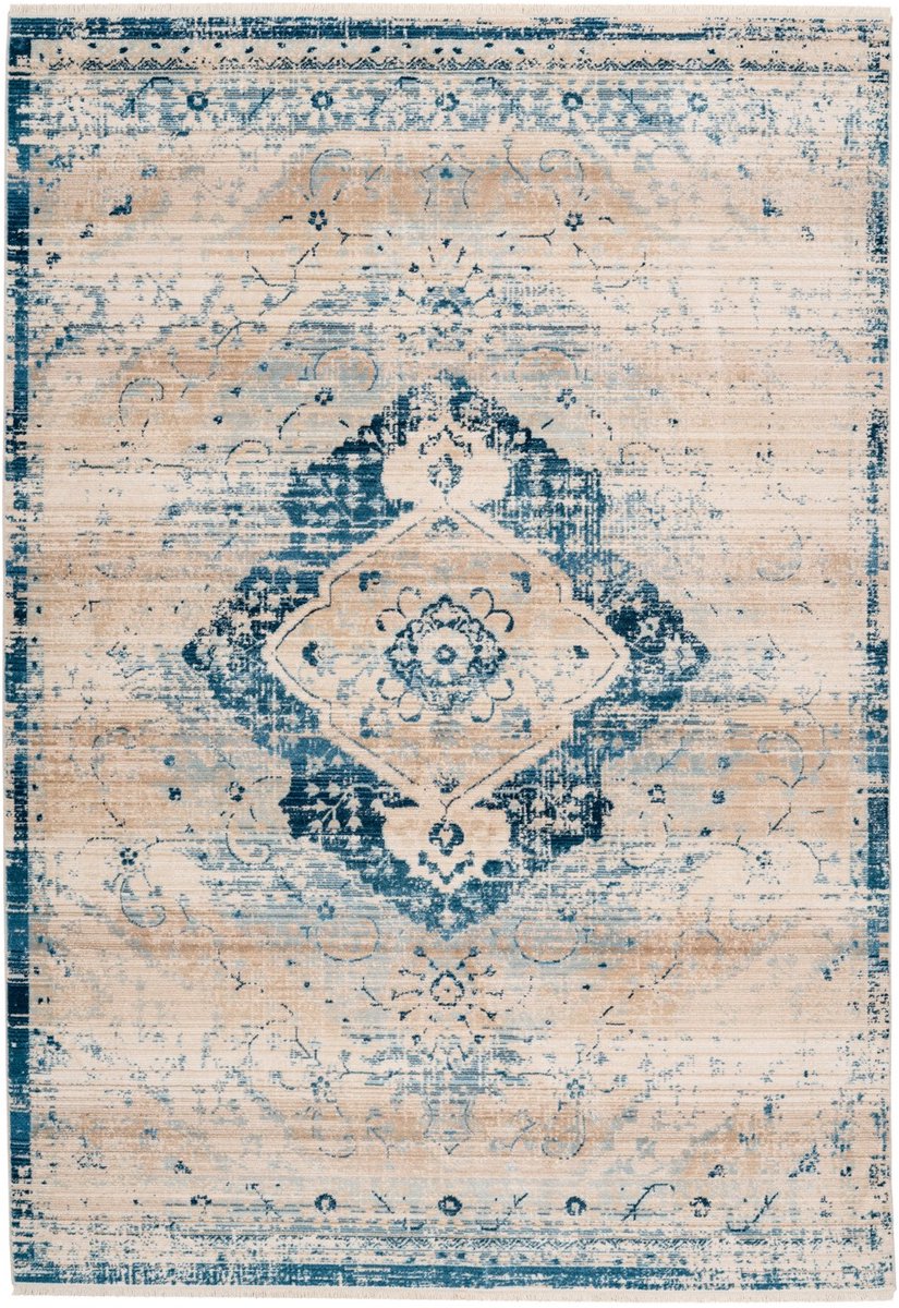 Padiro laagpolig vloerkleed 80 x 150 cm - creme / blauw - vintage oosters design - met franjes - geschikt voor vloerverwarming - van polypropyleen