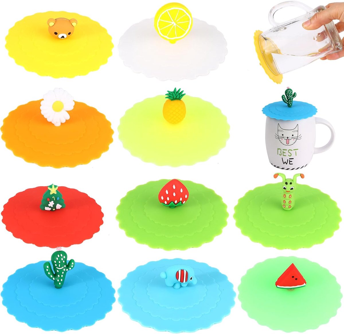 Silicone deksel voor glazen - 10 stuks - schattige cartoon - anti-stof en hittebestendig - ShopVlot