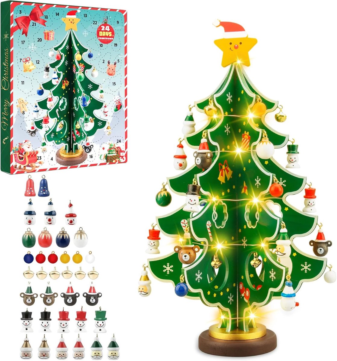Advent Kalender 2024 met Houten Kerstboom - 28 Ornamenten - 24 dagen aftellen - Speelgoed en decoratie - ShopVlot