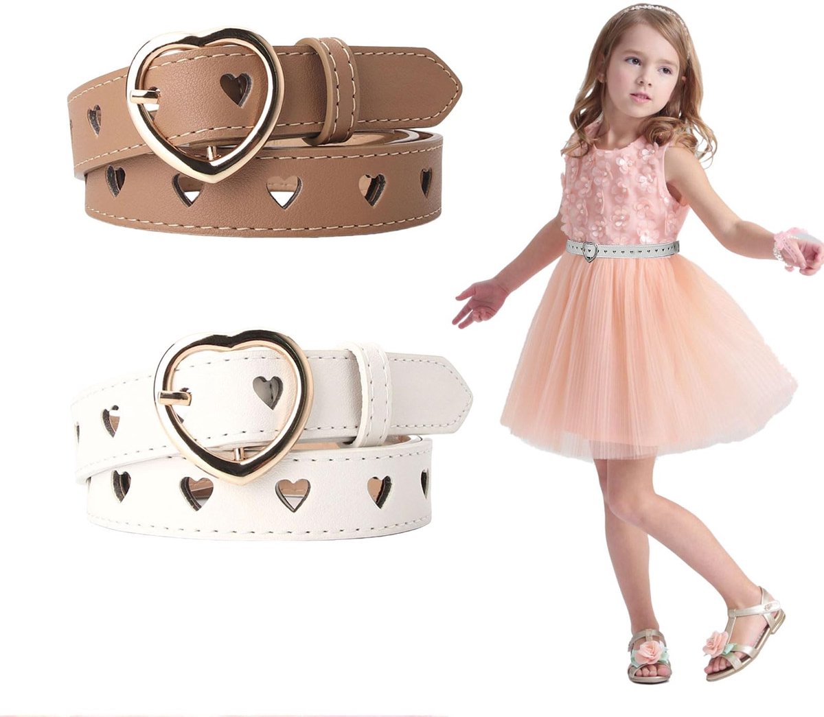 Solidchoice - Set van 2 Meisjes Leren Riemen met Hart Gesp