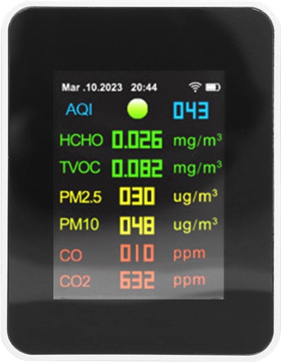 Luchtkwaliteitsmonitor voor binnen – WLAN-luchtdetector met kleur-LCD-digitale weergave – Herkent PM2,5, PM10, HCHO, organische schade, CO, CO2, temperatuur en