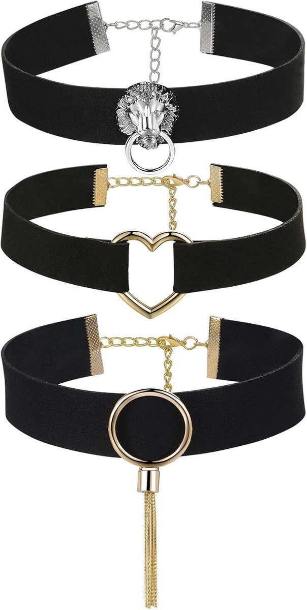 Hondenhalsband Choker zwart - brede sexy fluwelen leer - met hart en lion head hanger - perfect voor feestjes - ShopVlot