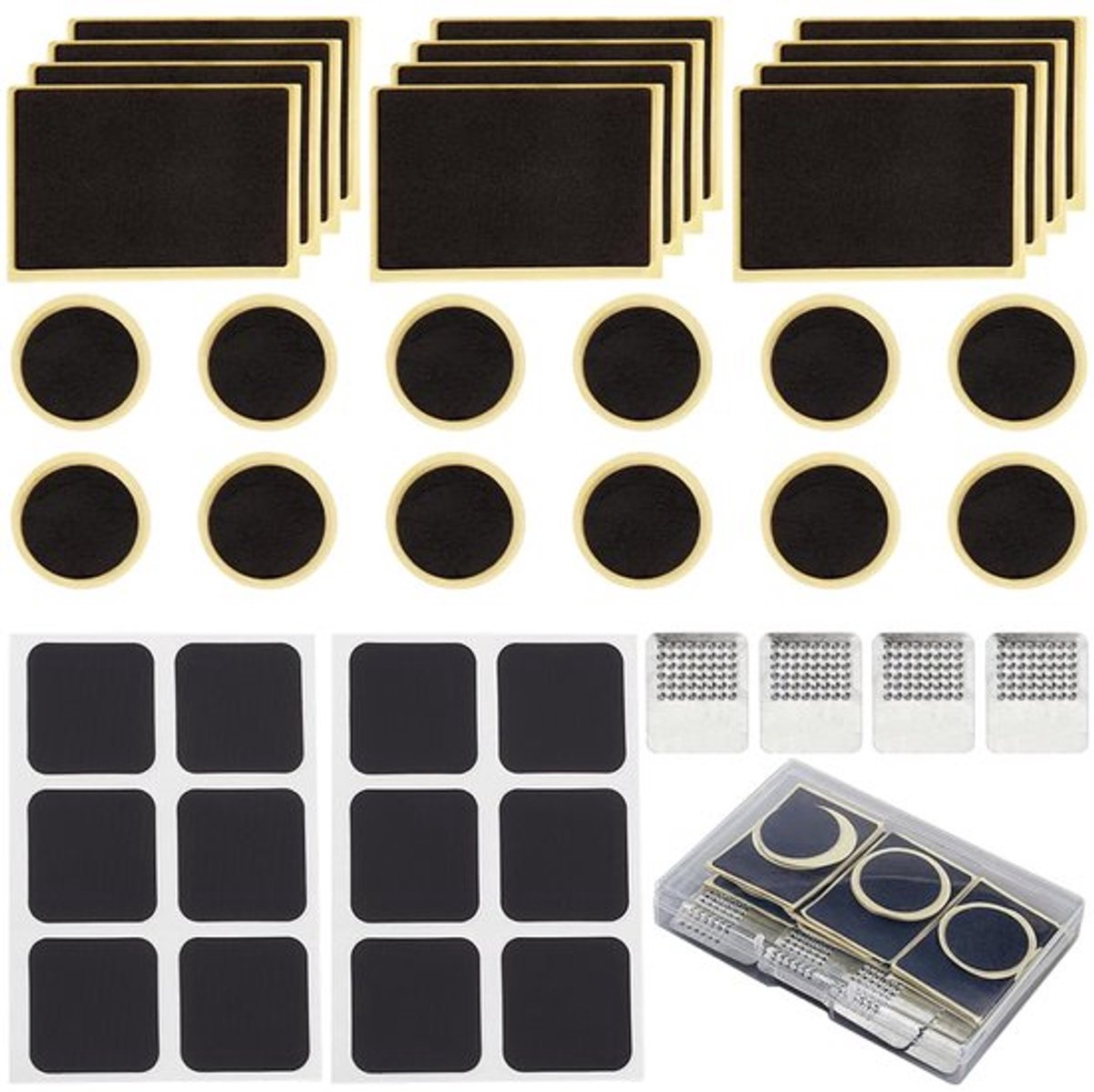 40-delige fietsbandenreparatieset, inclusief 36 lijmvrije fietsbandenpleisters en 4 metalen raspen, ronde, vierkante, rechthoekige, zelfklevende fietsbandenpleisters voor racefietsen