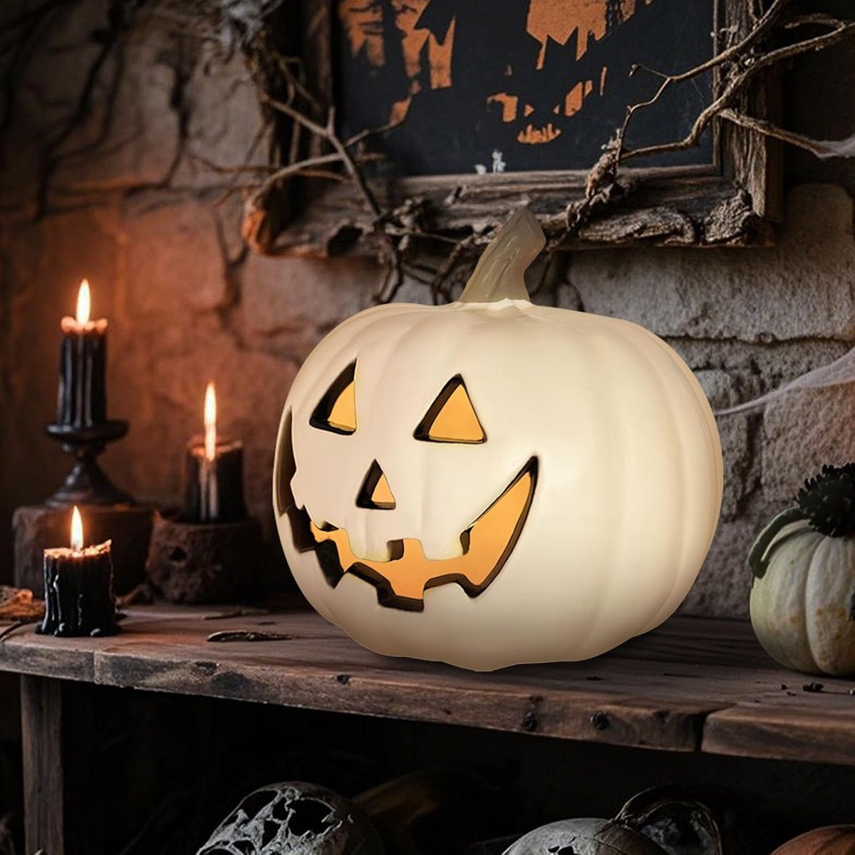 Pumpkin with LED Lighting, Large Halloween Lantern, House Entrance Decoration, Large Plastic Pumpkin with Creep - ShopVlot