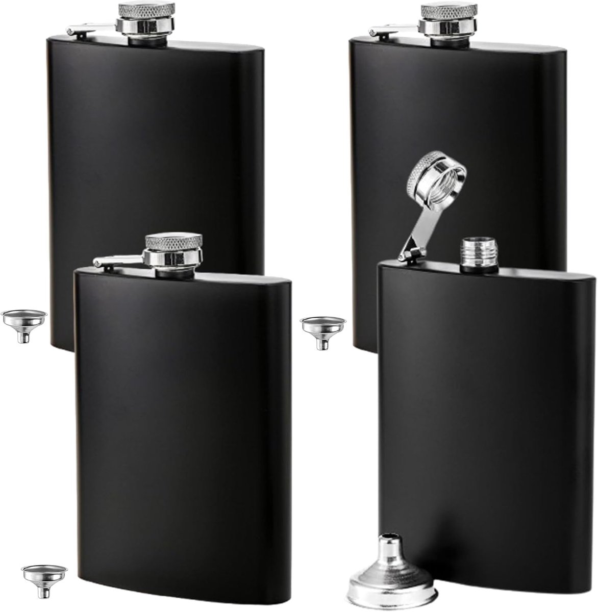 Lawei 6 oz Stainless Steel Black Hip Bottle Set Leakproof Bottle with Free Bonus Funnel, Set of 4 - ShopVlot