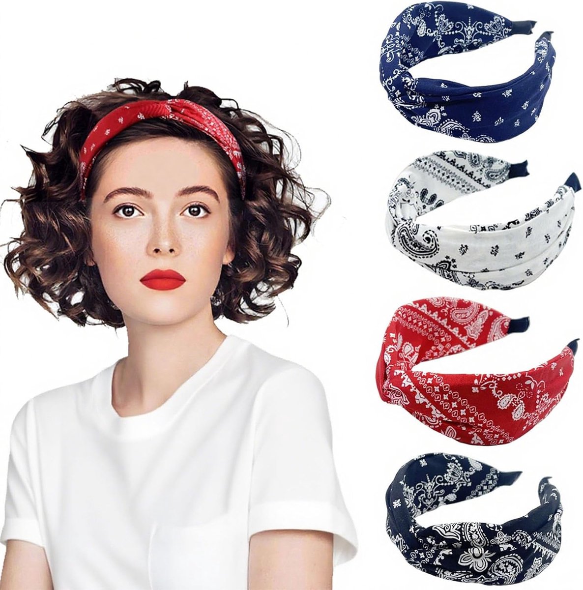 Pack of 4 Paisley Headbands for Women with Buttons, Vintage Rockabilly Headbands, Wide Knot, Turban, Elastic Hair - ShopVlot