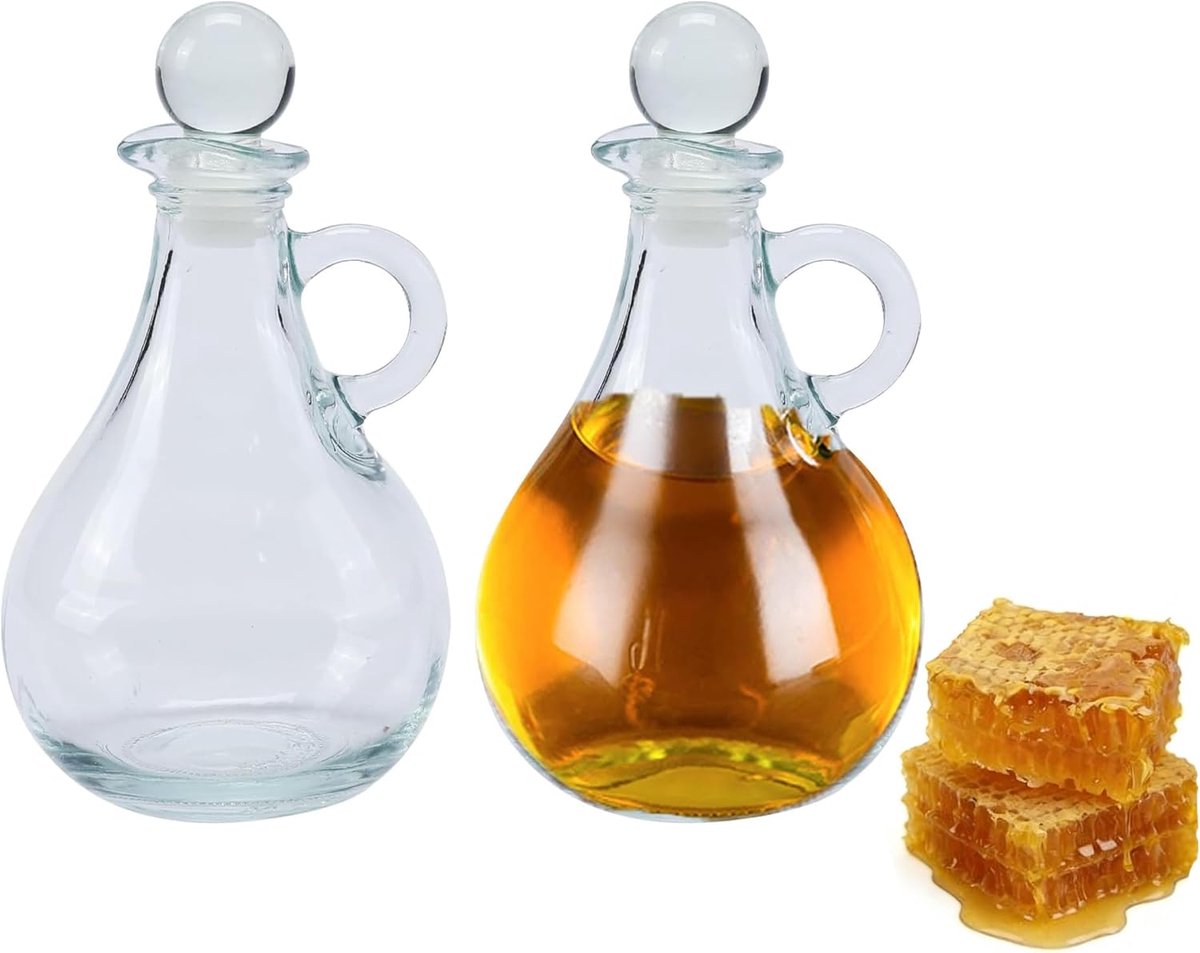 Honey Dispenser Glass Set of 2, 350 ml, Drip Free Syrup Dispenser for Kitchen, Transparent Glass Jar with Handle and - ShopVlot