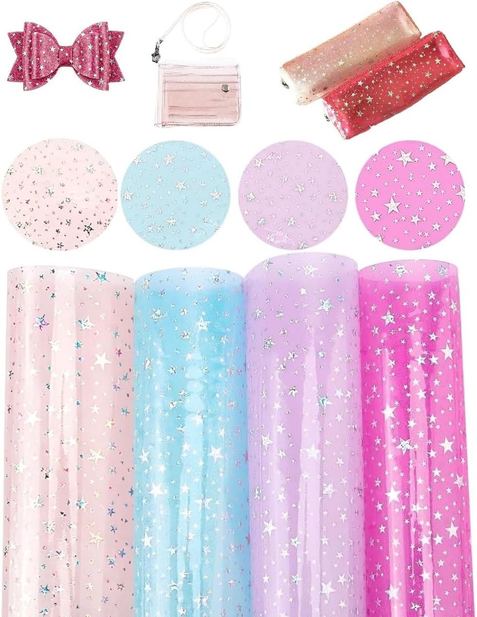 4 stuks Jelly vinyl om te naaien, Jelly vinyl plotfolie, pvc, zelfklevend, 20 x 30 cm, sterrenpatroon, glinsterend - ShopVlot