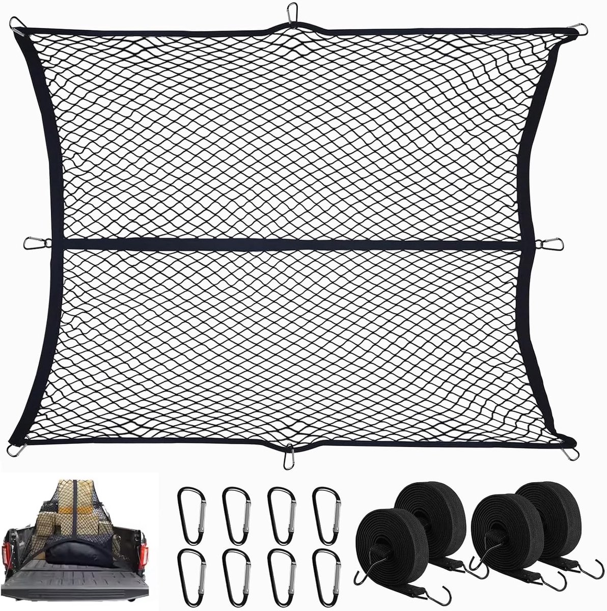Zeer elastisch bagagenet, 1,5 x 1,8 m, rekbaar tot 2,5 m x 2,9 m (enkele laag), vrachtwagen-vrachtnet, netorganizer - ShopVlot