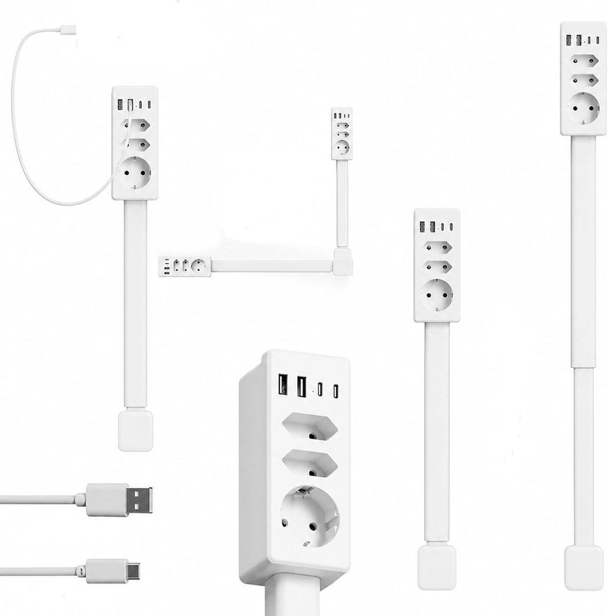 Verlengkabel met intrekbare kabel (47-67 cm), USB-C PD 20 W - Vuurvaste PC, 360° draaibaar, overspanningsbeveiliging - ShopVlot