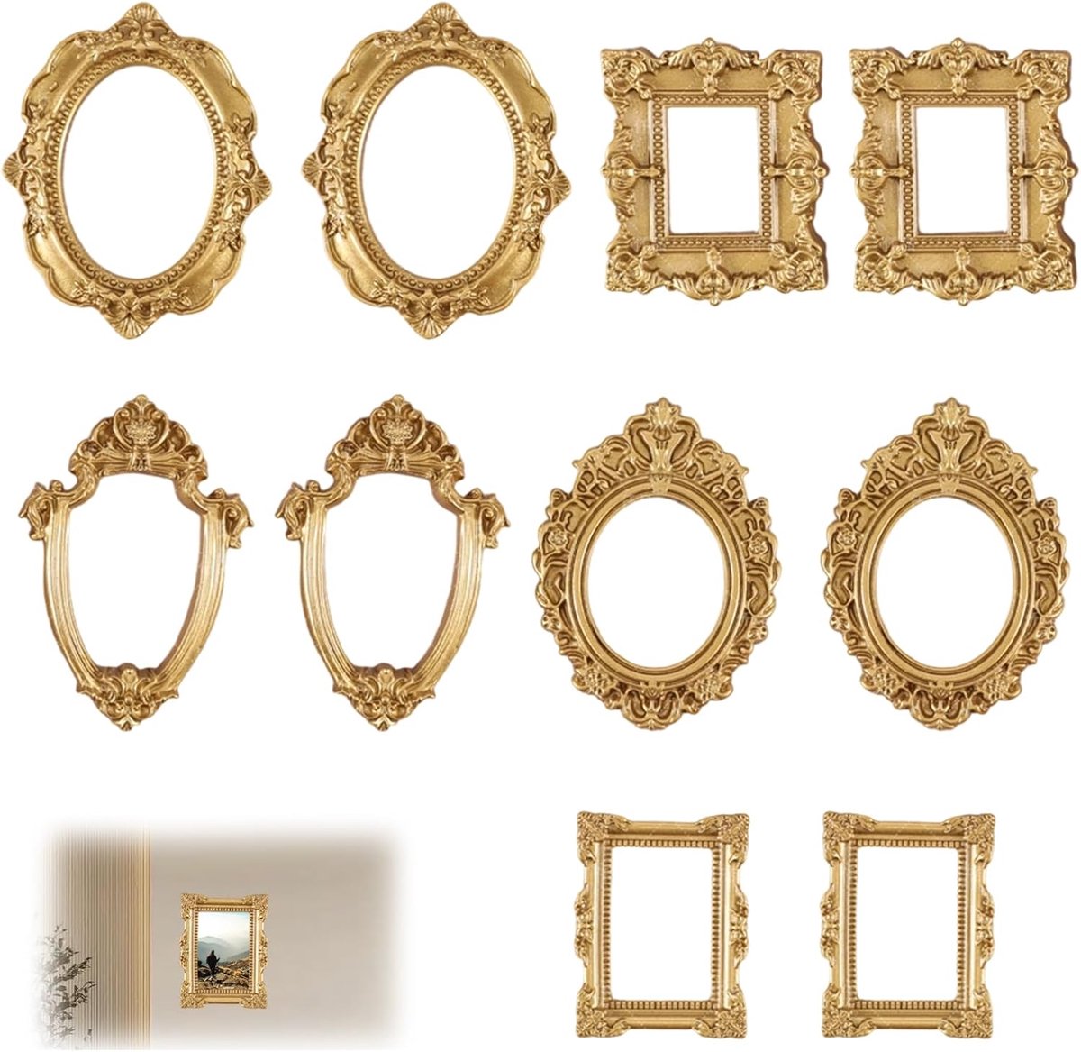 Vintage miniatuur fotolijst, 10 stuks, barok, goud, kunsthars, zonder glas, voor wanddecoratie, tafel, doe-het-zelf - ShopVlot