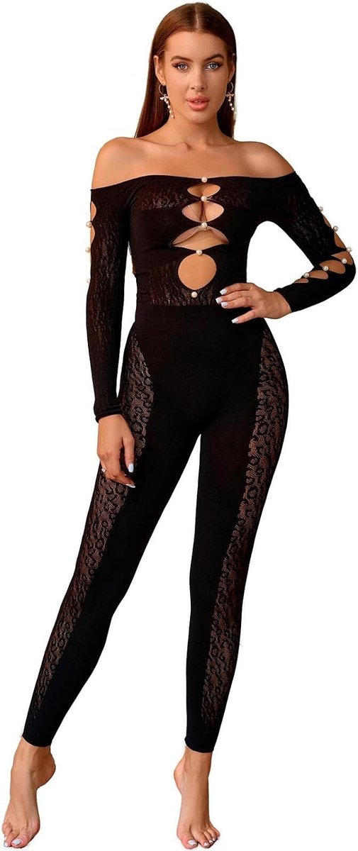 Walang Women Sexy Glitter Rave Outfits Fishnet Long Sleeves Tight One-Piece With Bright Artificial Pearls One Size - ShopVlot