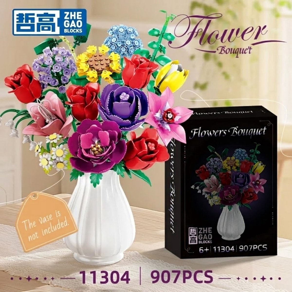 Zhe Gao 11304 Kleurrijke bloemen bouwset | Botanical Flowers Collection modelbouw | Classic Creator STEM speelgoed bouwpakket voor volwassenen en kinderen | Educatief decoratie Kunstbloemen boeket niet geschikt voor Lego | bouwdoos met 907 bouwstenen — afbeelding 7