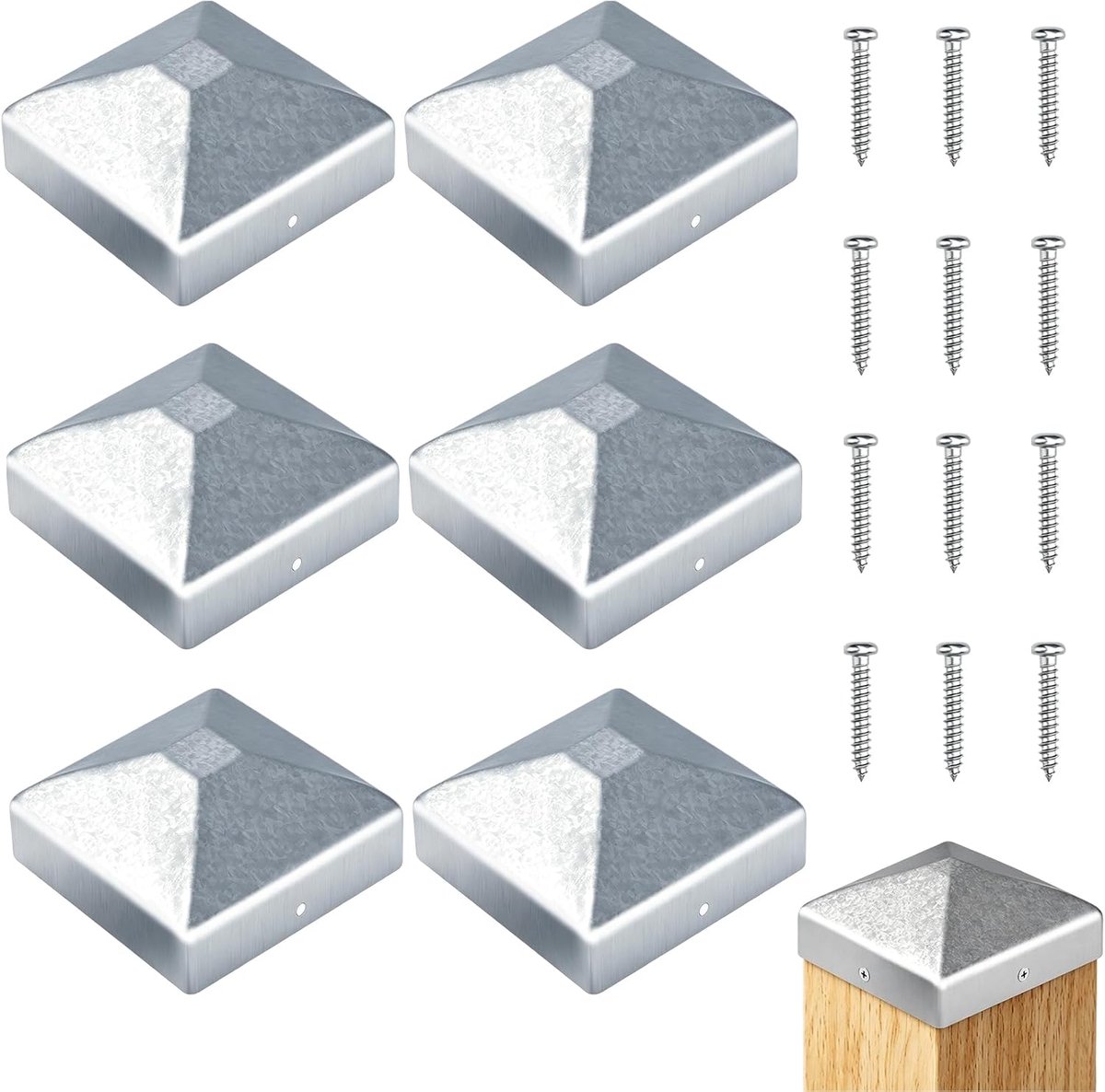 6 stuks Paalkoppen 7x7 cm, Paaldoppen van Metaal - 70x70 mm, Houten Paalkappen, Afdekhoes voor Palen, Weerbestendige - ShopVlot