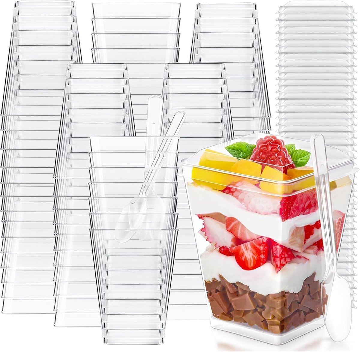 50 stuks dessertglazen van kunststof met deksel en herbruikbare lepels, 160 ml dessertbekers, herbruikbaar, vierkante - ShopVlot