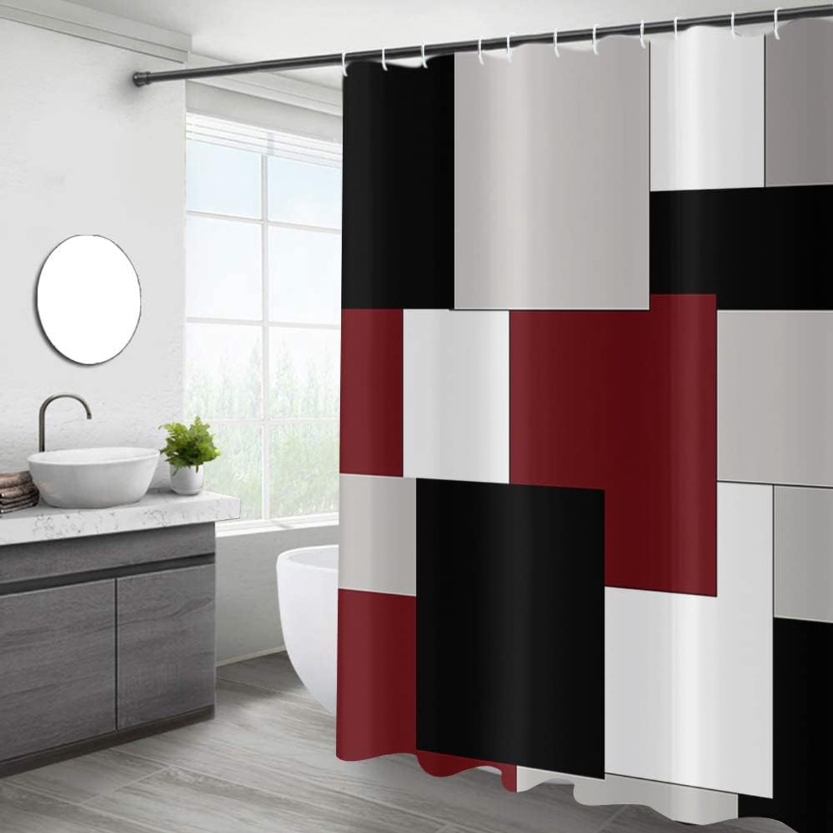 Modern douchegordijn, bordeauxrood grijs, zwart, geometrisch minimalistisch esthetiek, badkamergordijn, badkuip - ShopVlot
