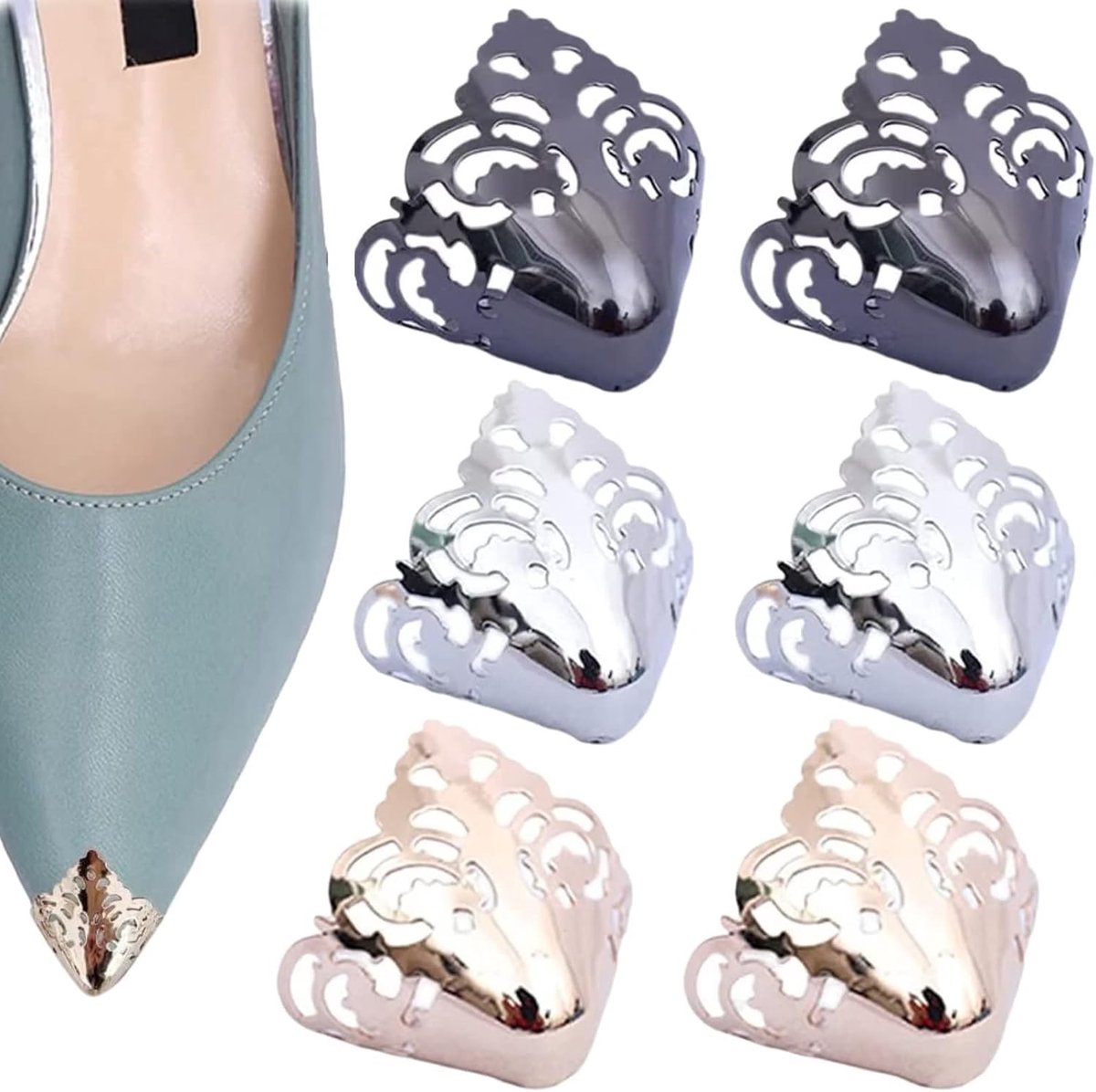 3 Pairs Mini Shoes Pointed Metal Protector, High Heel Pump Toe Head Cap Cover, Shoe Decorations Charms Repair - ShopVlot