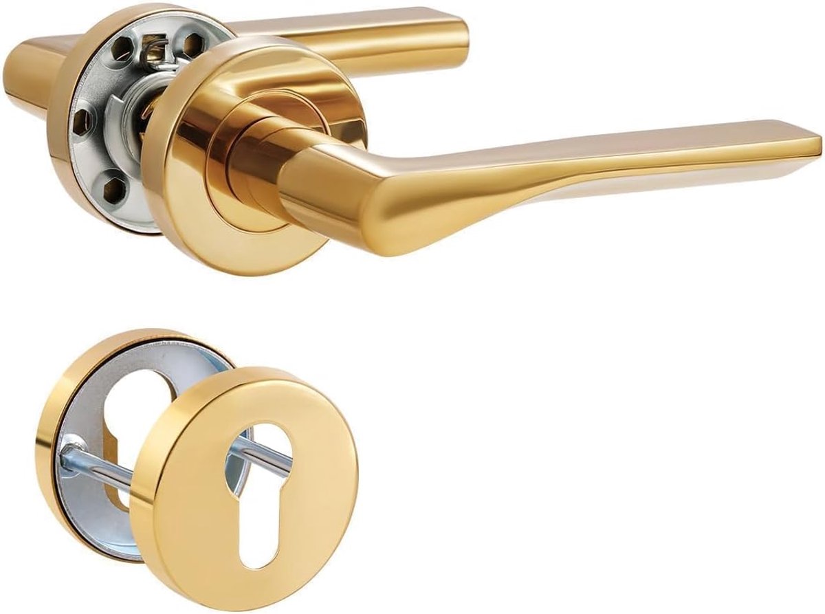 Golden door handle set matt brushed door handle for front door and interior door L-shape PZ-Profilzylinder, round - ShopVlot