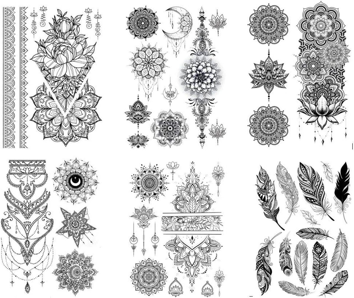 6 Sheets Feather Tattoo Mandala Tattoo Set Kira 6 - ShopVlot