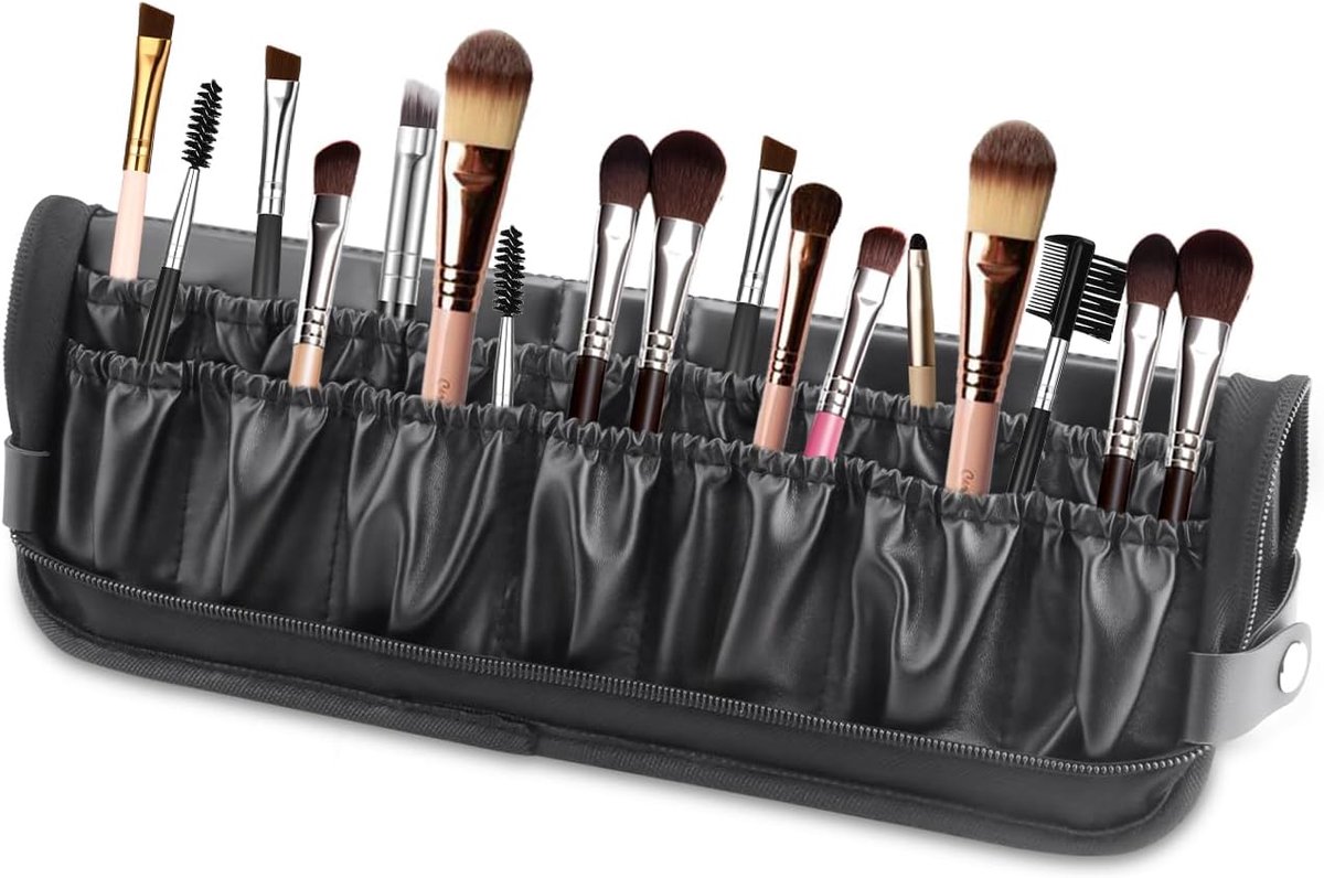 Foldable Makeup Brush Organizer, Black Waterproof Standing Travel Makeup Brush Holder, Portable Cosmetic Bag Leather - ShopVlot