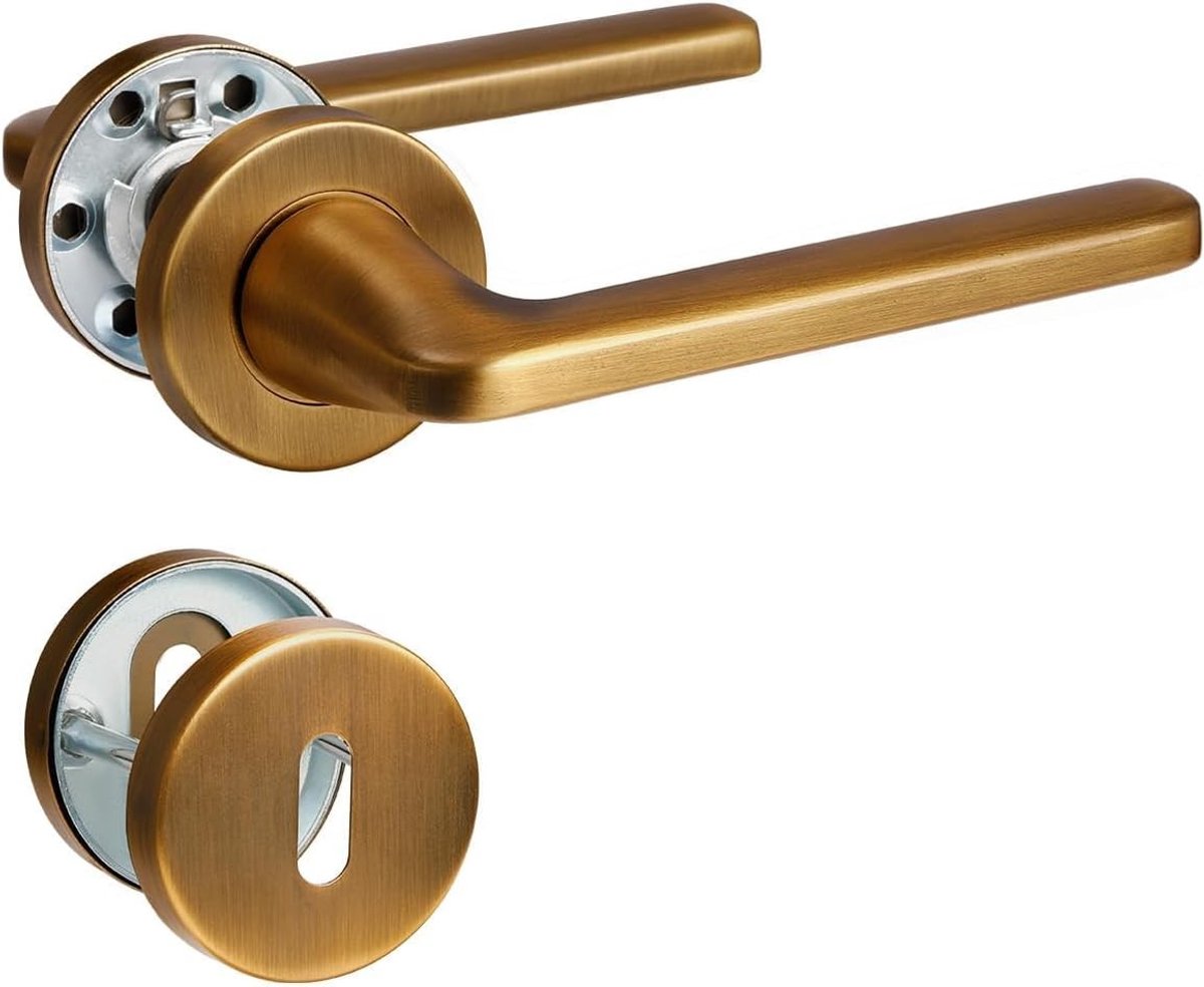 Deurgreepset - Antiek Messing - L-vorm - Roestvrij Staal Mat Geborsteld - Voor Voordeur en Binnendeur