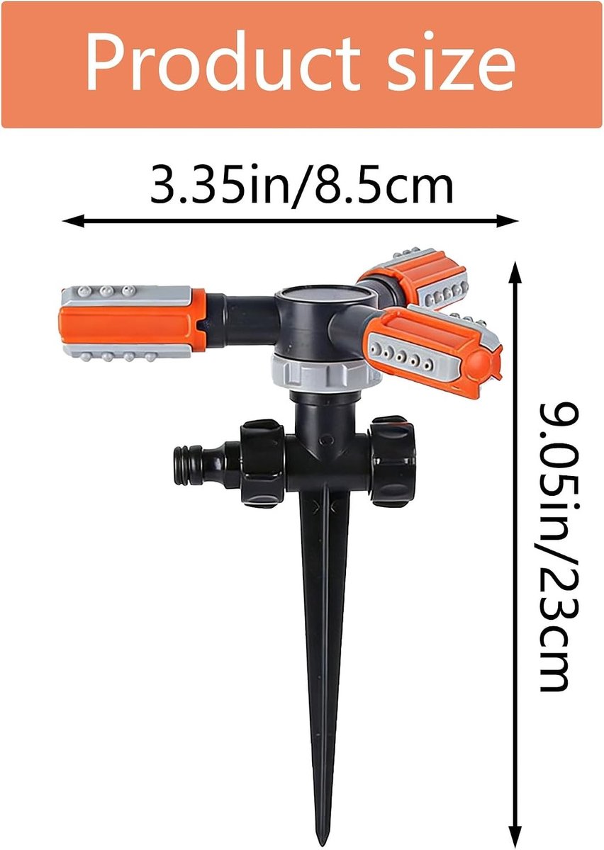 Driepuntige Sprinkler - Zwart - 8,5 x 23 cm - Kunststof Automatische 360° Draaibare Sproeier - Voor Tuin en Gazons