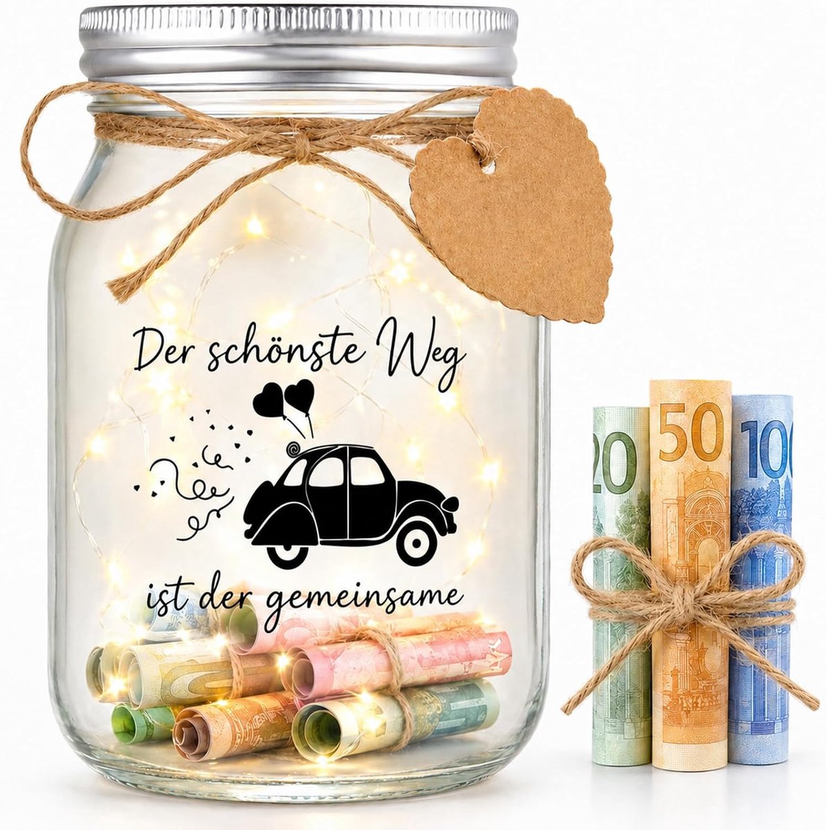 Geldgeschenk bruiloft glas 15 cm - vintage met LED-lichtslinger - decoratief nachtlampje - ShopVlot