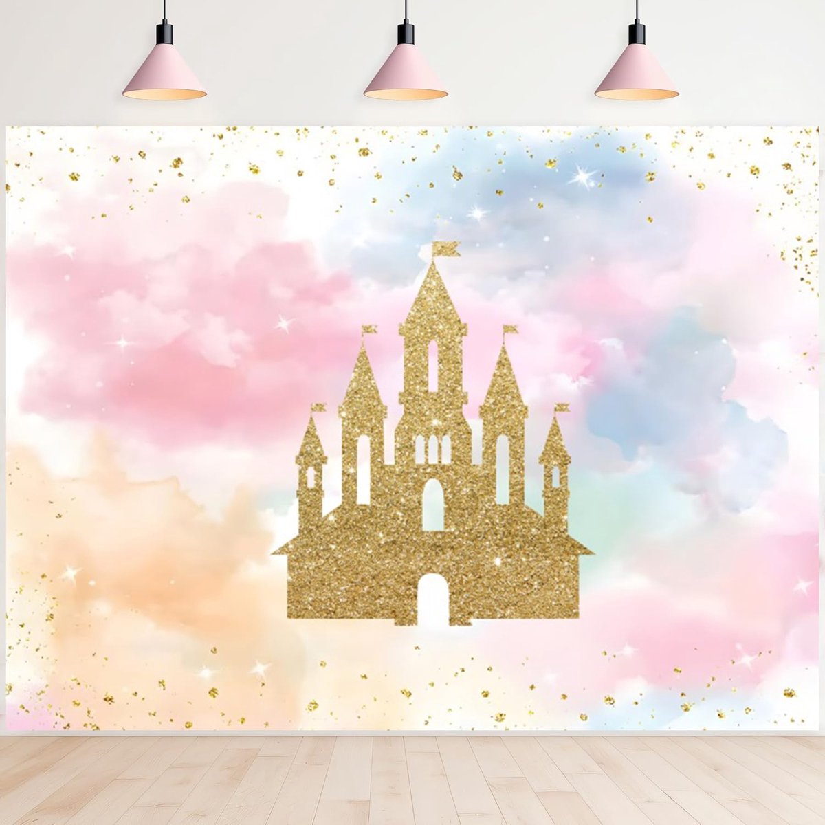 Fotoachtergrond prinses kasteel 2,2 x 1,5 m - glitter goud - pastel regenboog thema - voor 1e verjaardag - ShopVlot