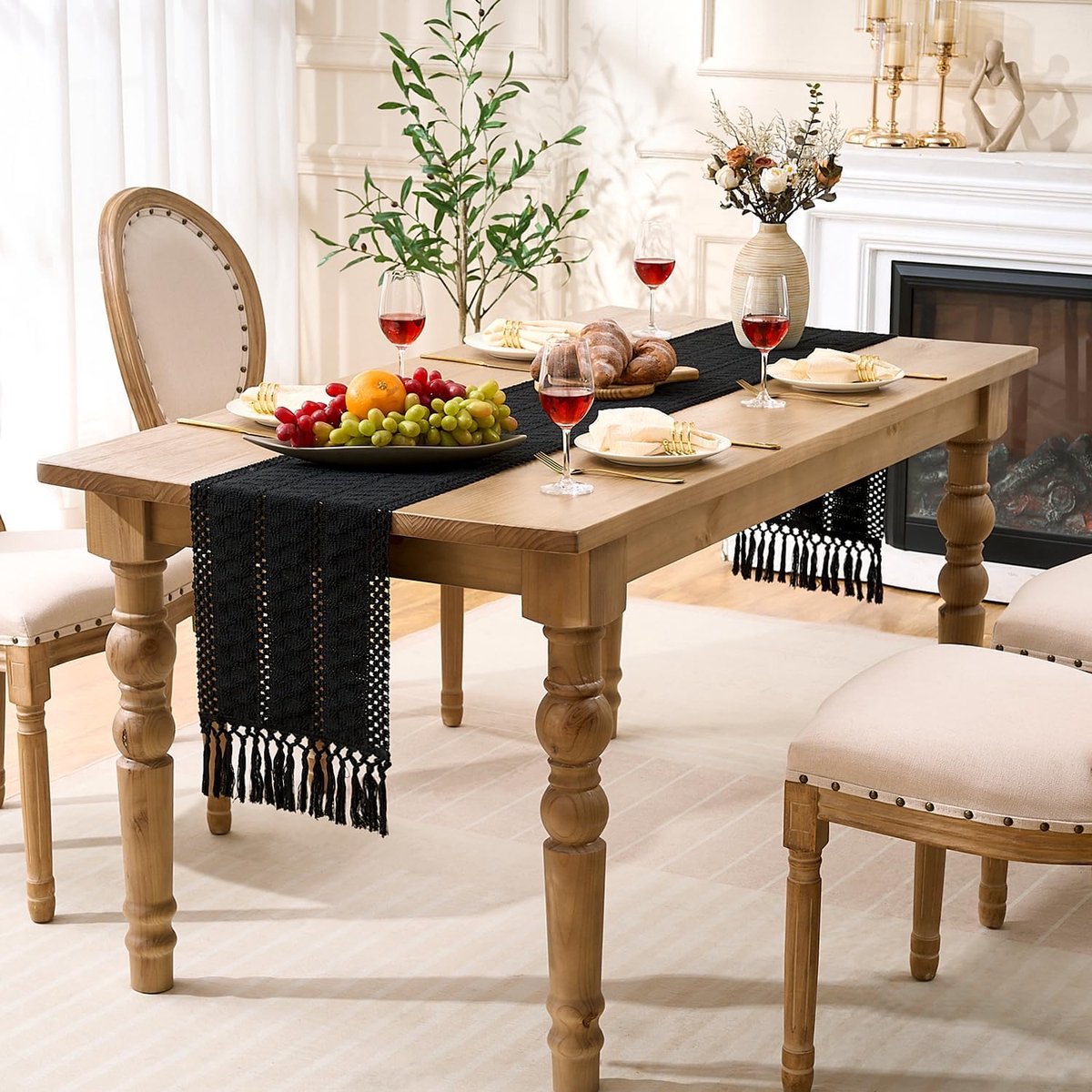 Tafelkleed 30x140cm - Zwart Katoen Linnen - Handgemaakte Kwastjes - Bescherming en Decoratie - ShopVlot