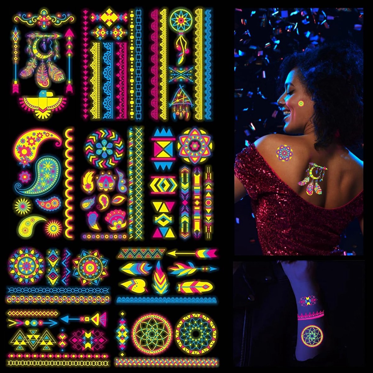 Tijdelijke tatoeages 10 vellen - glow-in-the-dark - watervaste gezichtstattoos - ideale keuze voor uv-feestjes - ShopVlot