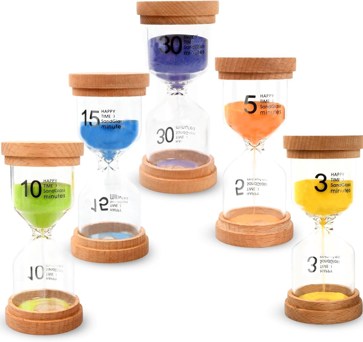 Zandloper set 5 stuks - kleurrijke zandglazen - 3/5/10/15/30 minuten - ideale timer voor kinderen en thuiskantoor - ShopVlot
