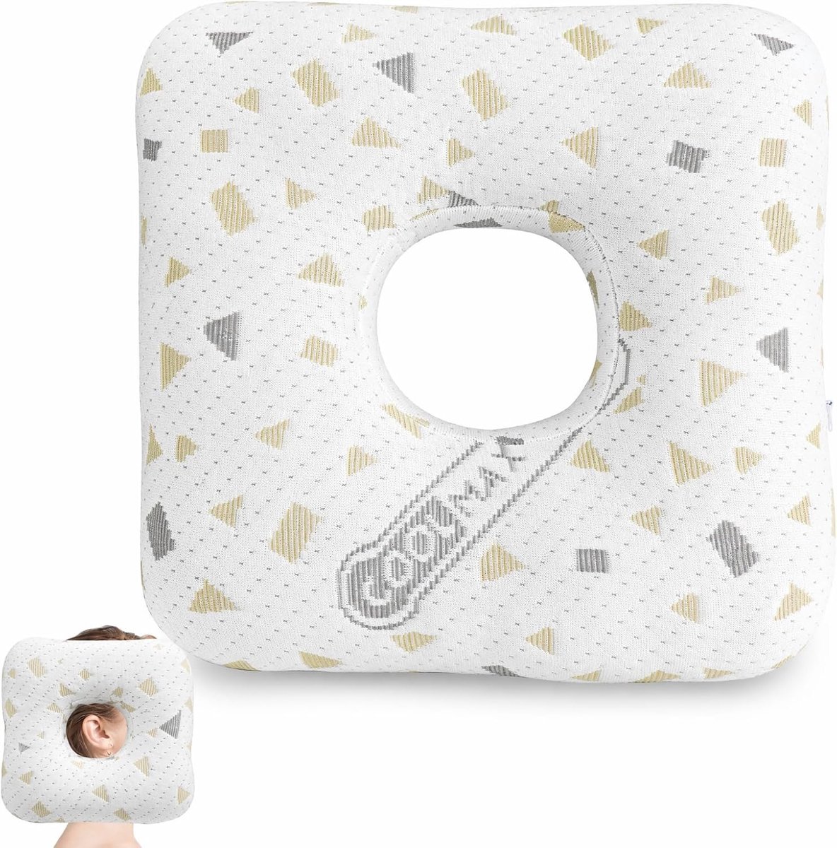 Piercingkussen met gat 29x29 cm - grijs-wit - anti-drukkussen voor oorpijn - ideaal voor zijslapers - ShopVlot