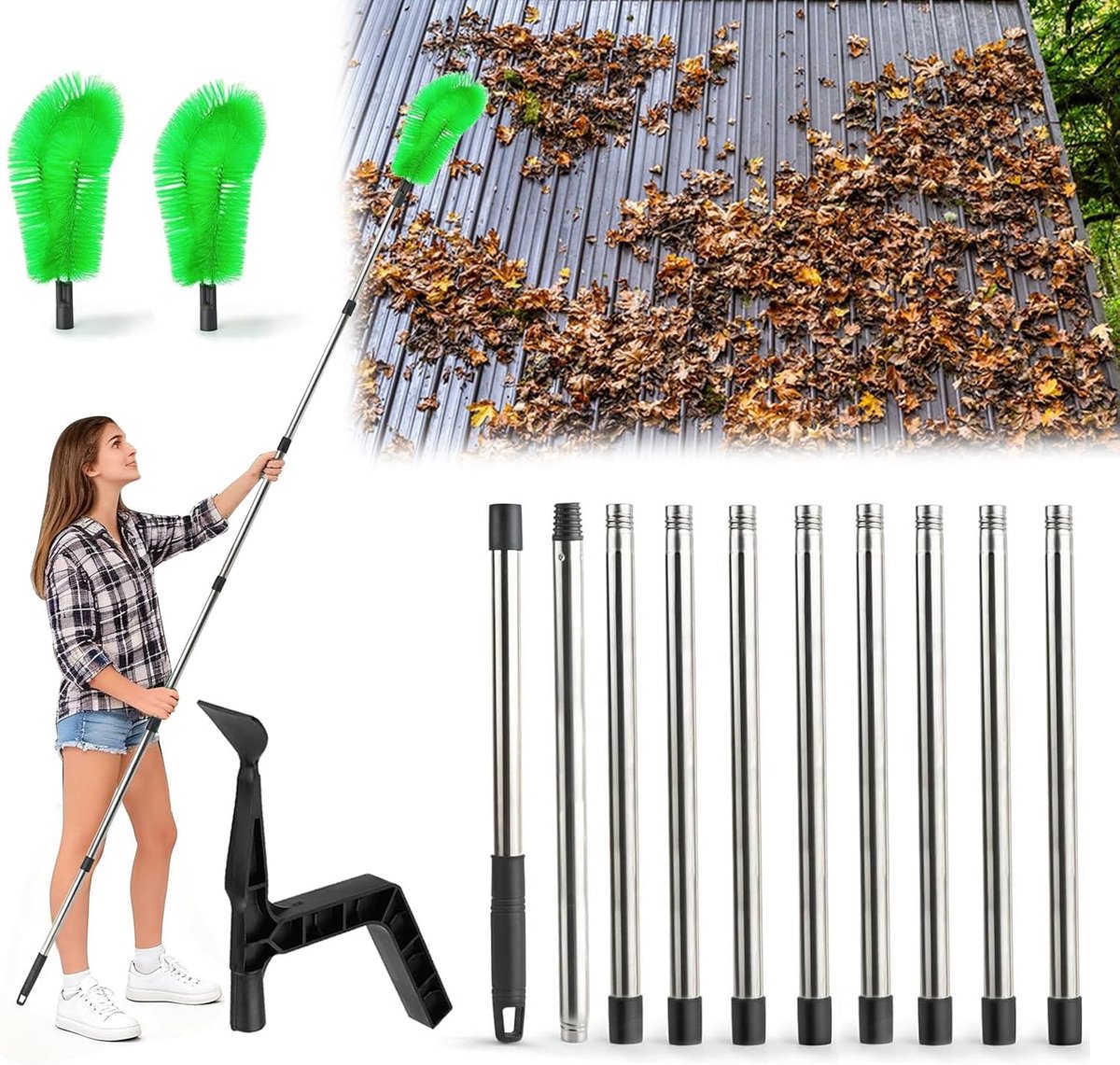 Gootreiniger 390 cm - telescopische steel - 2-in-1 met borstel en schep - veilig schoonmaken vanuit de grond - ShopVlot