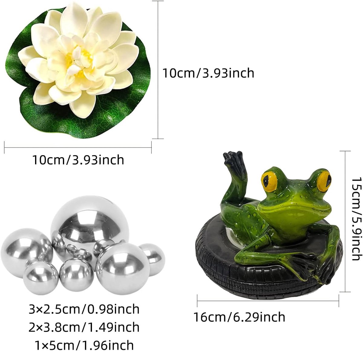 Tuinvijver decoratieset - zwemmende kikkers met zilveren ballen - drijvende lotus bloemen - voor mini vijver of fontein - ShopVlot