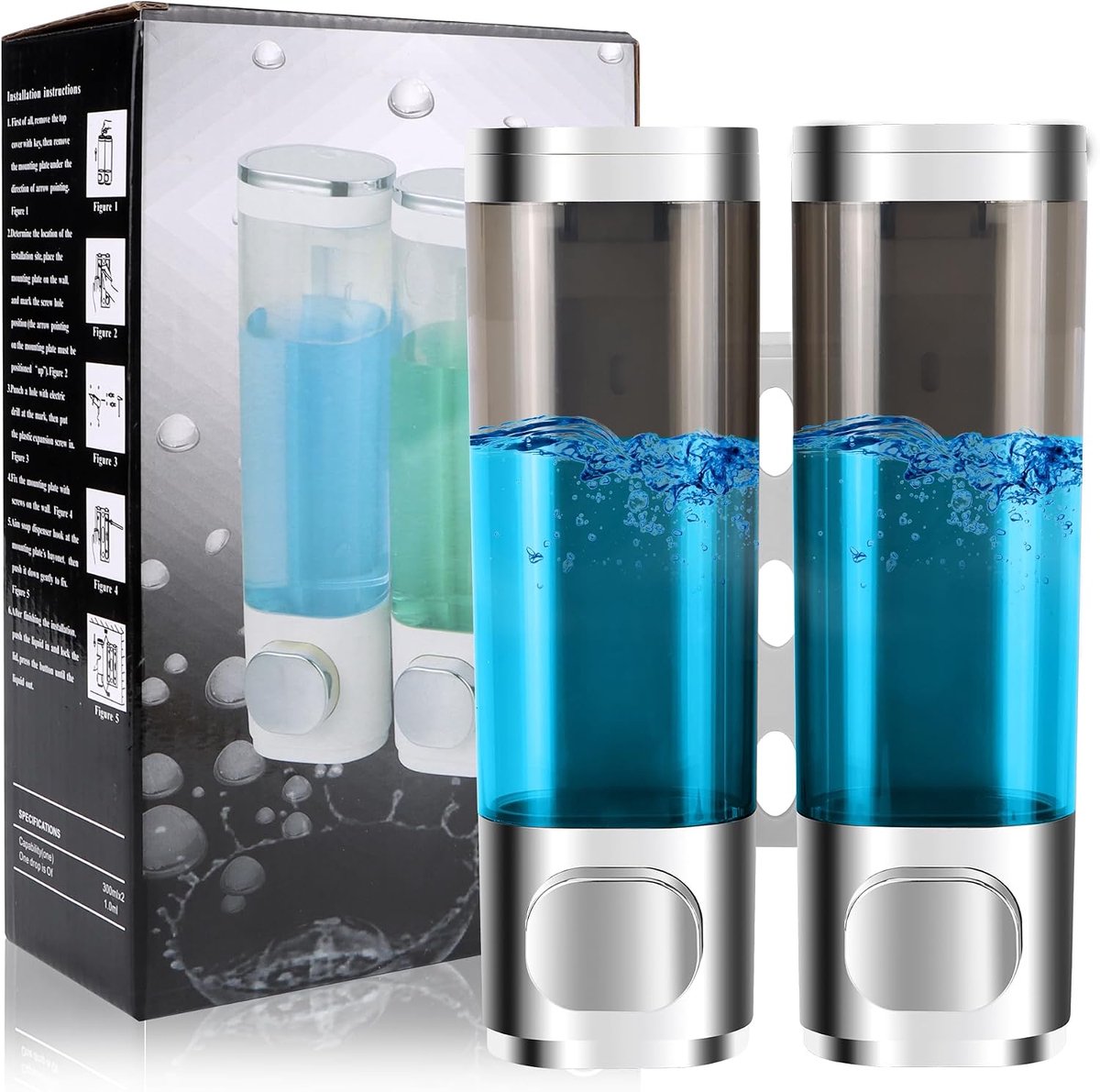 Zeepdispenser wandmontage - dubbele container - zilver - voorkomt lekken - ShopVlot