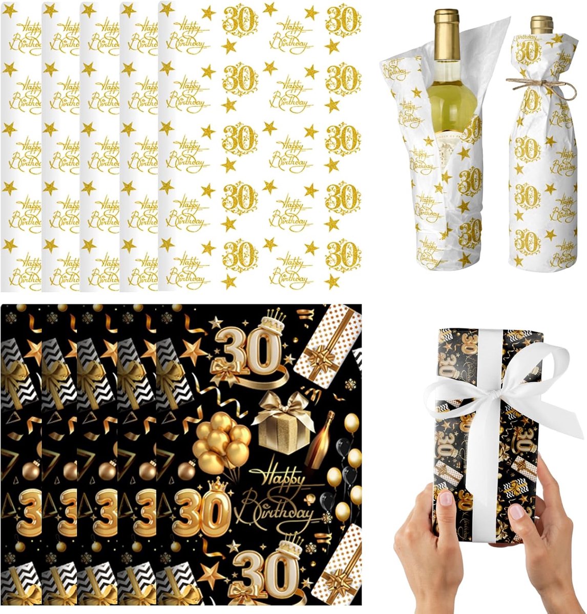 Inpakpapierset verjaardag - zwart goud - premium glanzend - complete set voor 30e verjaardag - ShopVlot