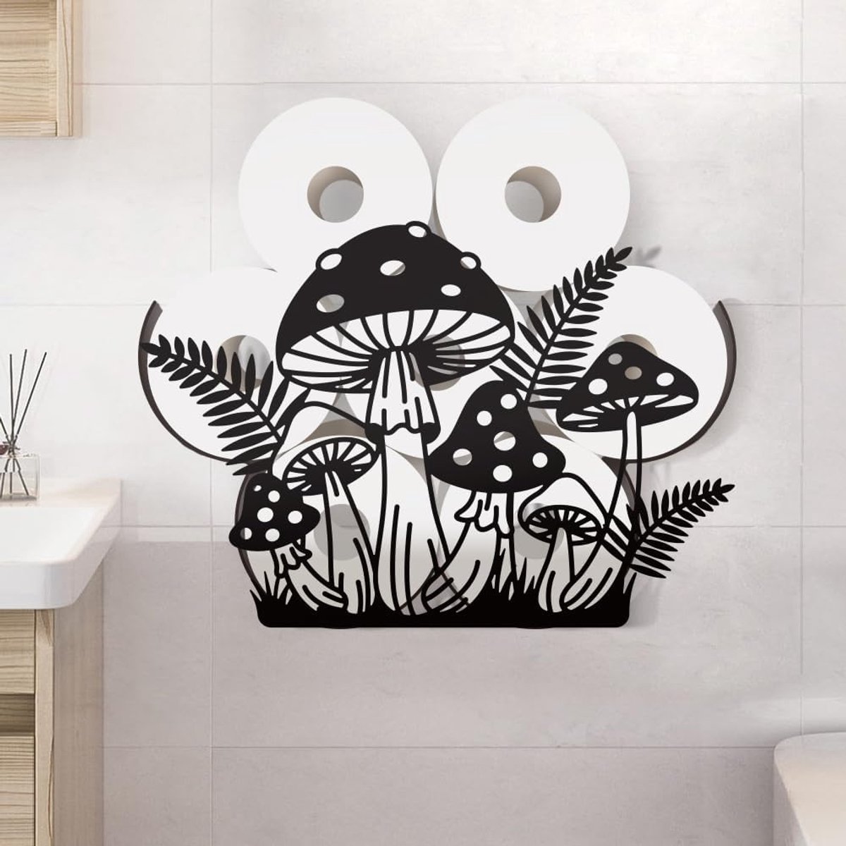 Toiletpapierhouder voor 8 rollen - zwart met paddenstoel ontwerp - rustiek en decoratief - ShopVlot