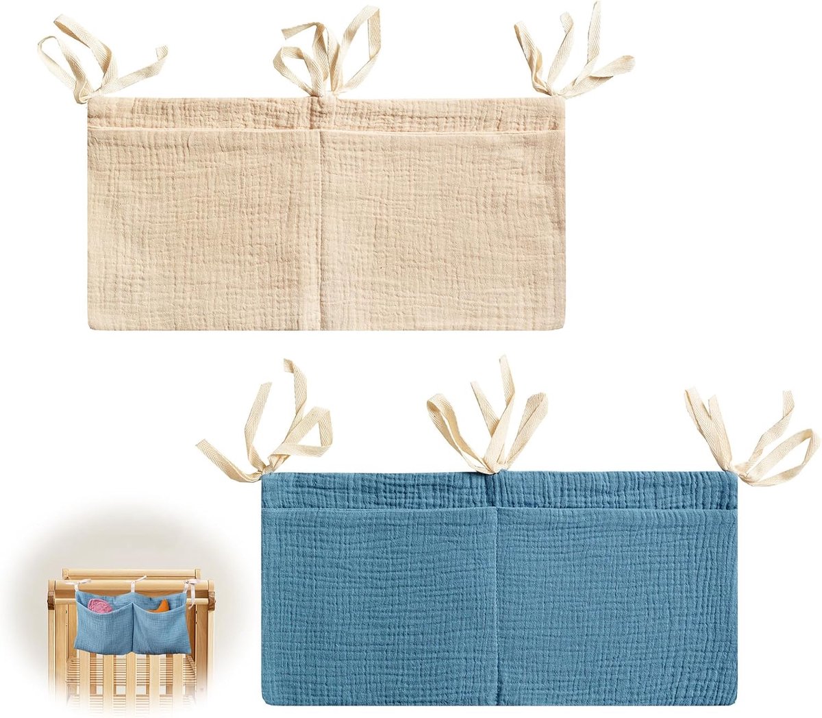 Hanging baby organizer - khaki en donkerblauw - verstelbare riem voor wieg - handig voor luiers en speelgoed - ShopVlot