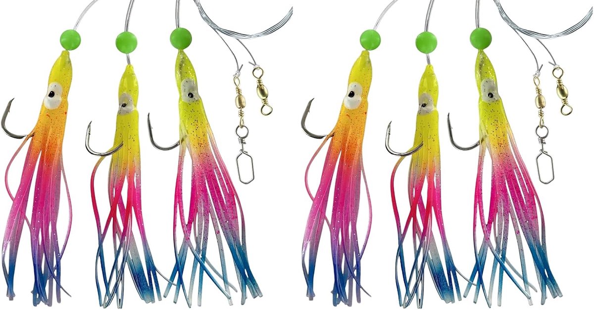 Octopus set van 2 rubber 3 armen - Luminous/UV glitter - 140 cm met haakmaat 6/0 - Ideaal voor het vissen op kabeljauw - ShopVlot