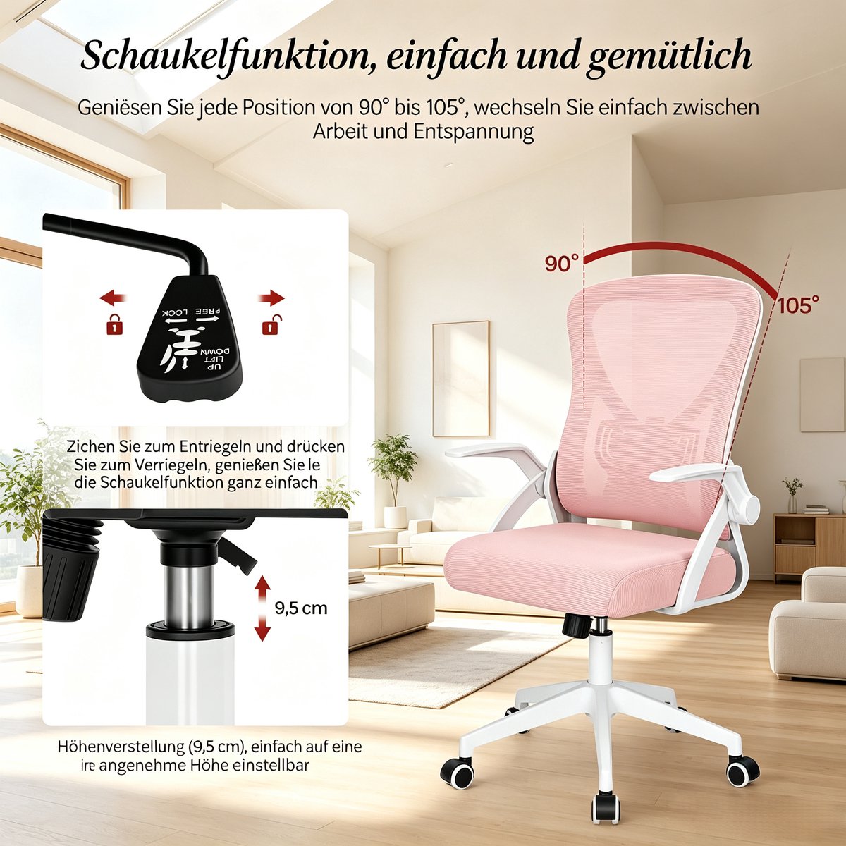 OKWISH Bureaustoel – Ergonomische Draaistoel met Mesh Rugleuning – Verstelbare Zithoogte en Kantelfunctie – Voor Thuis en Kantoor – Metaal en Kunststof – Roze