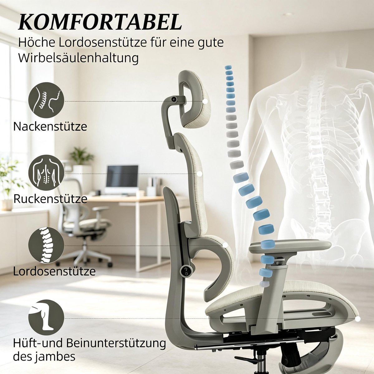 OKWISH Ergonomische Bureaustoel 66 x 64 x 114 tot 122 cm Verstelbare Hoofdsteun 3D Armleuningen Lendensteun en Voetsteun Voor Thuis en Kantoor Beige